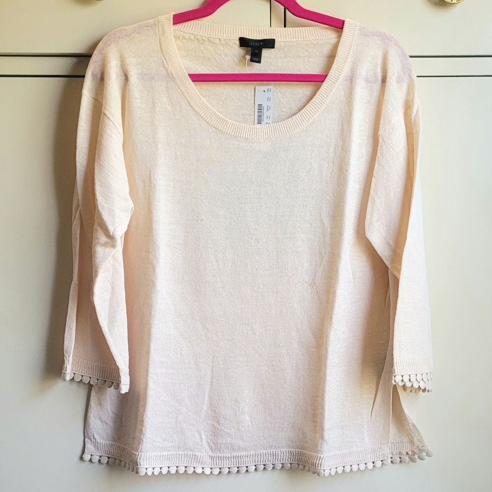New J.Crew Linen Pullover Sweater Scallop Trim Cream Size Med